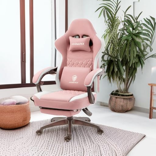 Dowinx Gaming Chair Breathable Fabric Computer Chair with Pocket Spring Cushion, Comfortable Office Chair with Gel Pad and Storage Bag,Massage Game Chair with Footrest,Pink