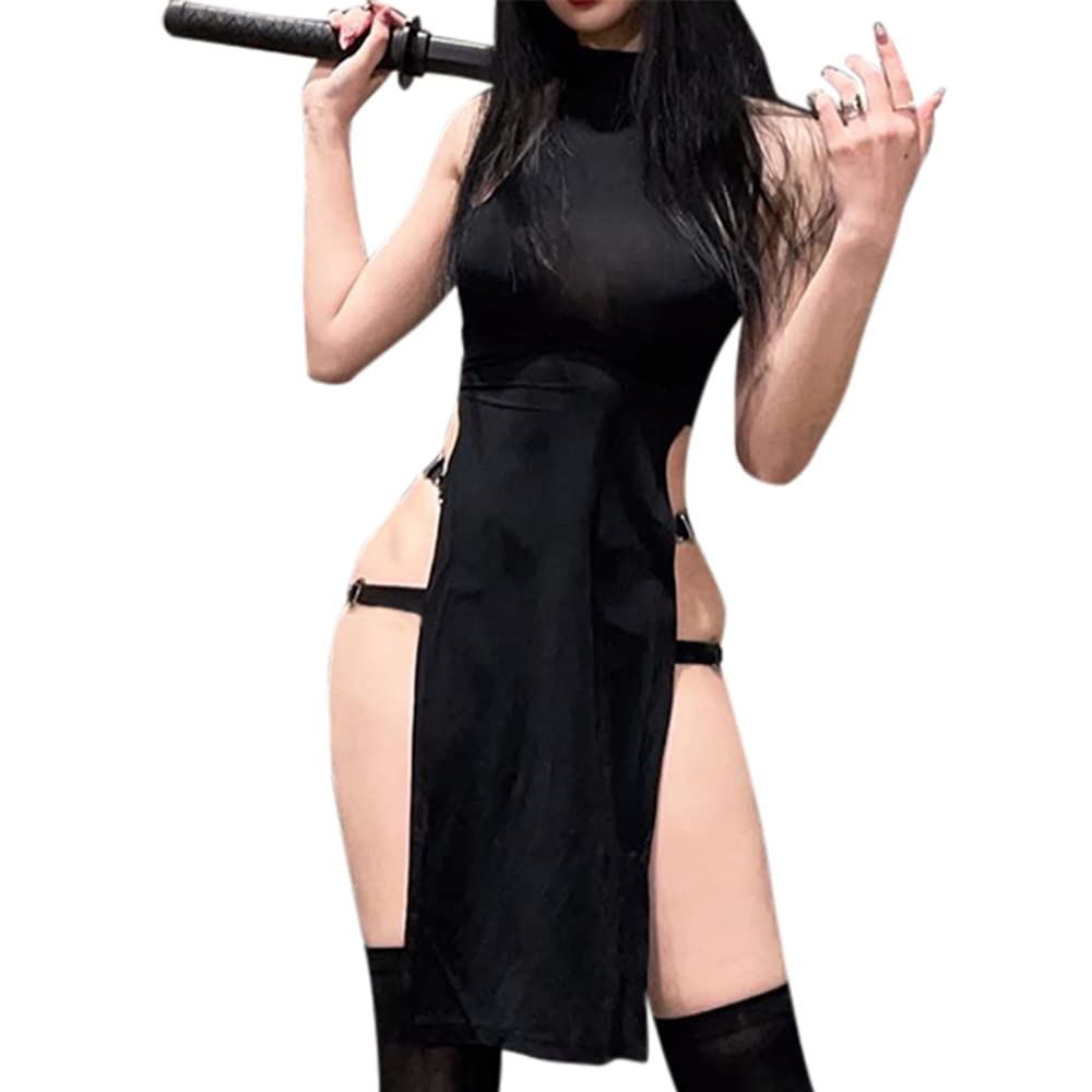 Cosplay Lingerie Sexy Devil Costume Halloween Ninja Roleplay Outfit High Slit Dress Goth Tank Dresses