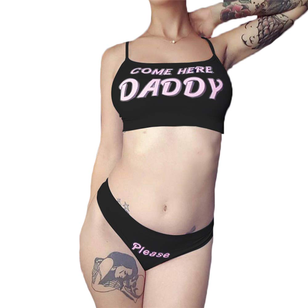 Multitrust Sexy Women Come Here Daddy Please Strappy Lingerie Set 2PCS Slutty Underwear Tank Tops and Panty Pajamas Sleepwear: Large Black