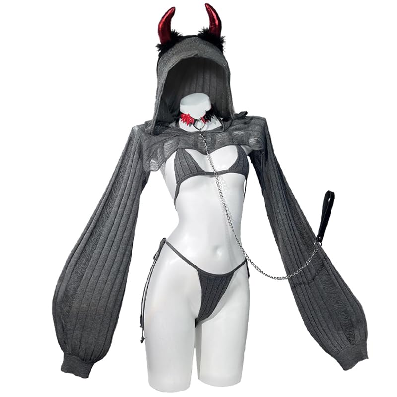 KORURACLUB Knitting Coziest Devil costume（7-Piece Set） Grey premium sweater cosplay lingerie for women cosplay costume: Grey