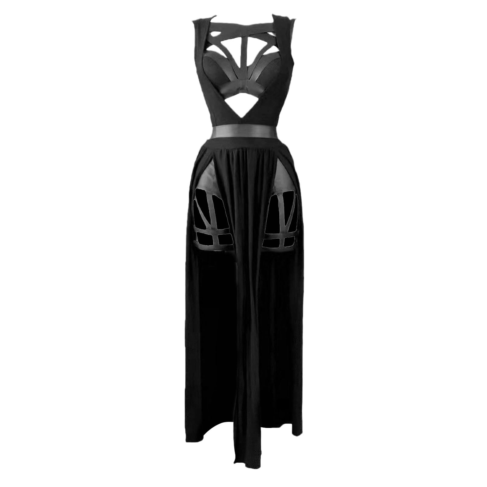 Generic Women Gothic Lingerie Lace Babydoll 3 PC Sheer Mesh Long Dresses Front Criss-Cross Crop Top and Skirt Lingerie: 3X-Large Black_1