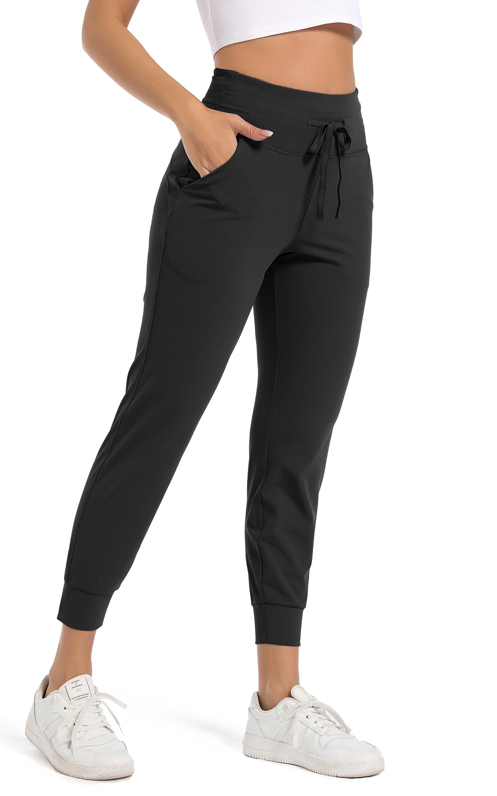 STRETCHUP Women's Joggers Pants Lightweight Running Sweatpants with Pockets Athletic Tapered Casual Pants for Workout,Lounge: Medium Black(drawstring )