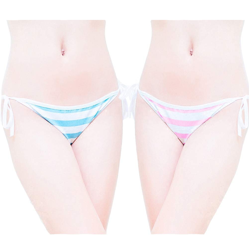 Joyralcos Japanese Striped Panties Bikini Cotton Anime Blue Pink Cosplay Underwear 2 Pack Briefs: Strings