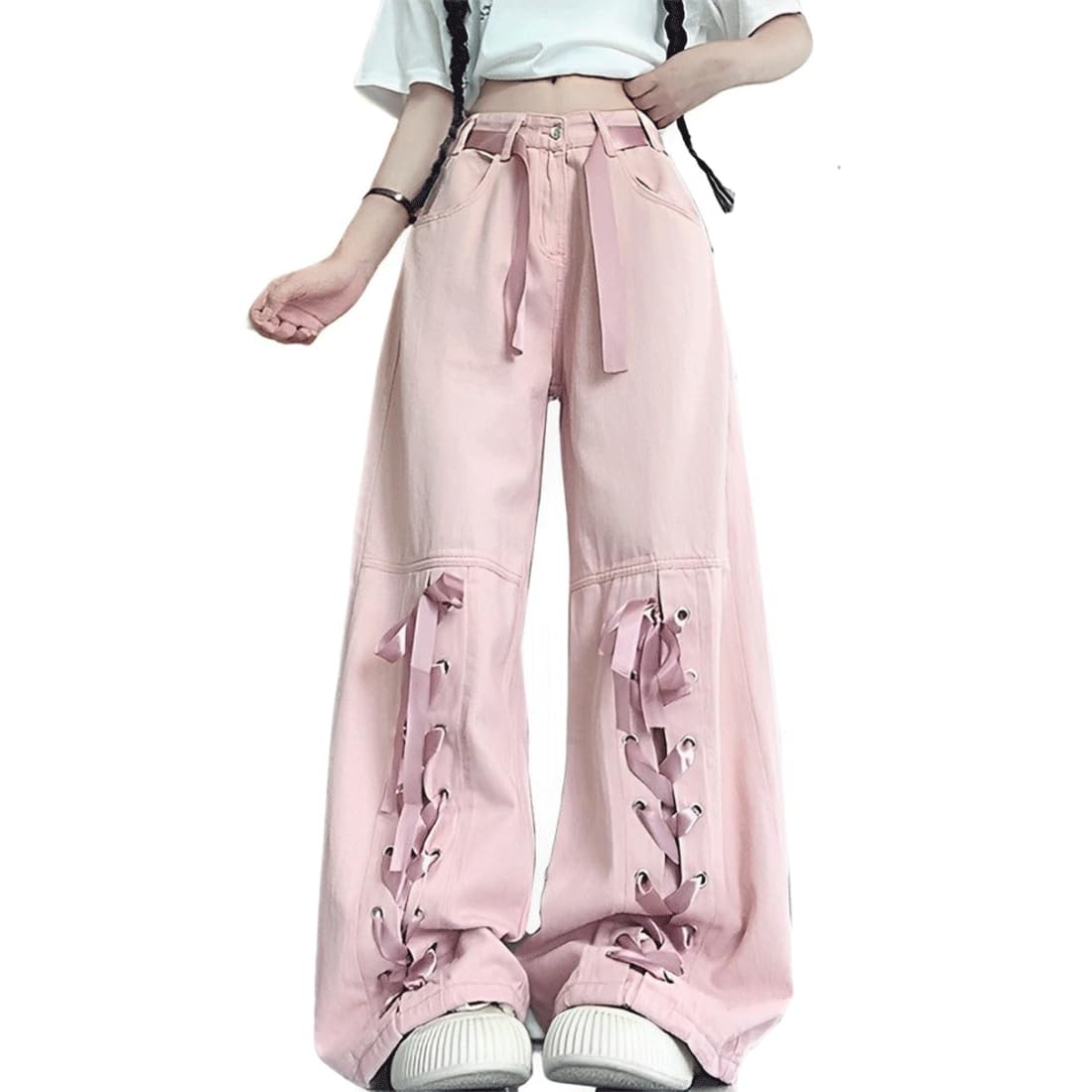 RILGOU Harajuku Y2K Kawaii Gothic Vintage Casual Style High Waisted Straight Wide Leg Ribbons Trim Pink Denim Pants