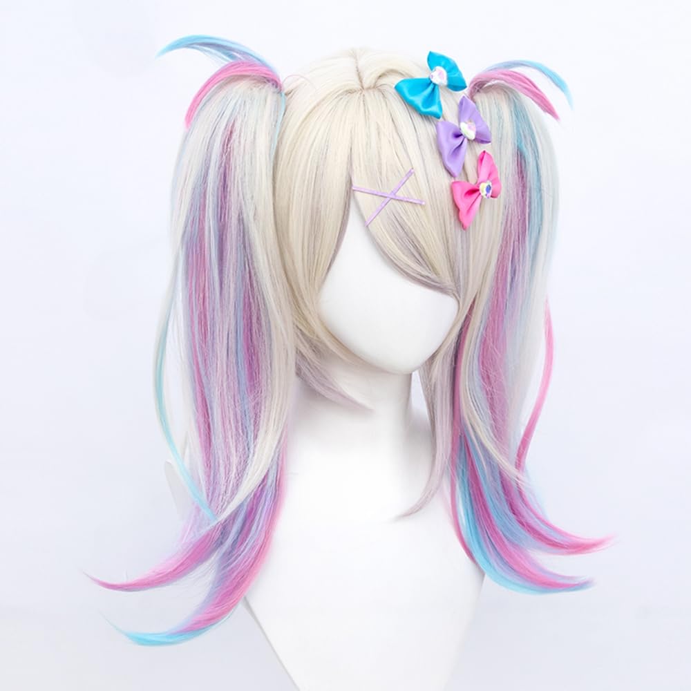 TO KU TOO YUO Game Cosplay Wig  Ombre Colorful Double Ponytails Straight With Bangs Synthetic for Women Heat Resistant Cosplay Hair 45 CM: KAngel