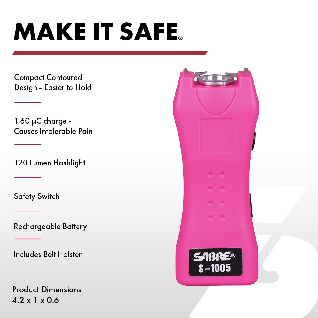 SABRE Pepper Spray & 2-in-1 Stun Gun with Flashlight, Self Defense Kit, Fast Flip Top Safety, Finger Grip for Better & Faster Aim, Painful 1.60 µC Charge, 120 Lumen LED Light, Rechargeable, 0.54 fl oz: Pink