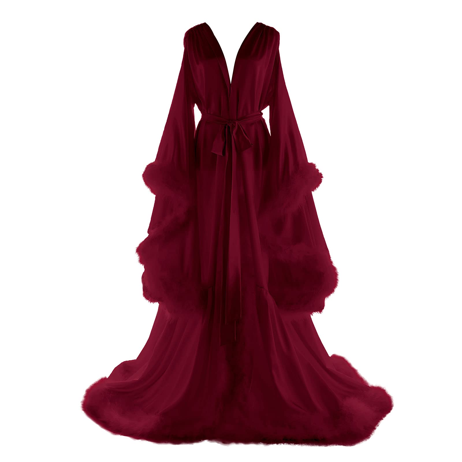 Daily Life Mall Women's Feather Bridal Robes Old Hollywood Maternity Photoshoot Nightgown Silk Bathrobe Long Lingerie: Large G-burgundy