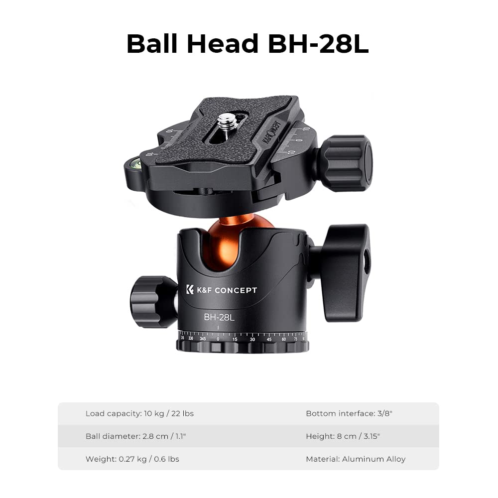 K&F Concept 90 inch/230cm Ultra High Camera Tripod,Horizontal Overhead Shooting Travel Tripods with Metal Ball Head 10KG Load Capacity,Detachable Monopod, for Indoor and Outdoor Use: T255A3+BH-28L