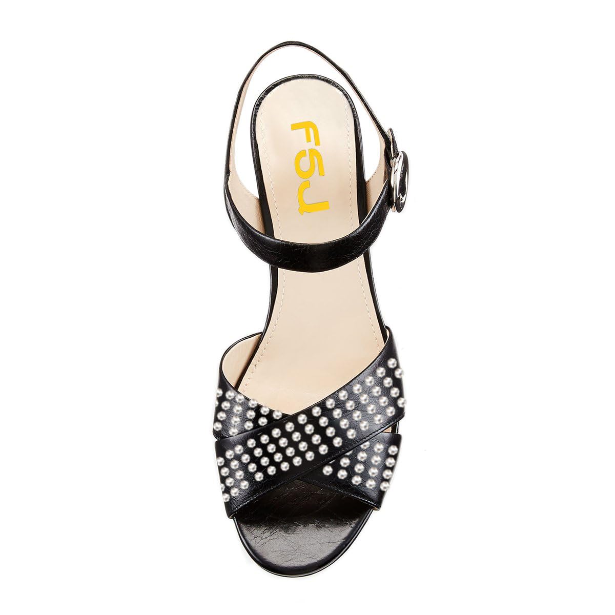 FSJ Women Peep Toe Chunky High Heels Platform Sandals Ankle Strap Velvet & Suede Summer Dress Wedding Prom Shoes Size 4-15 US: 7 Black Leather Rhinestones