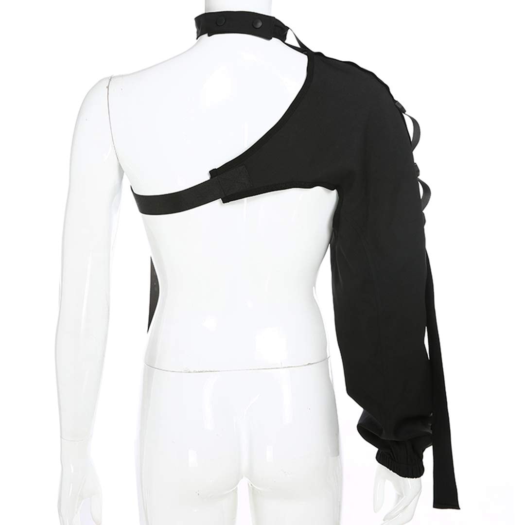 FlyCC Women Sexy One Shoulder Adjustable Buckle Crop Tops - Reflective Festival Rave Form Fitting Shrugs: Black