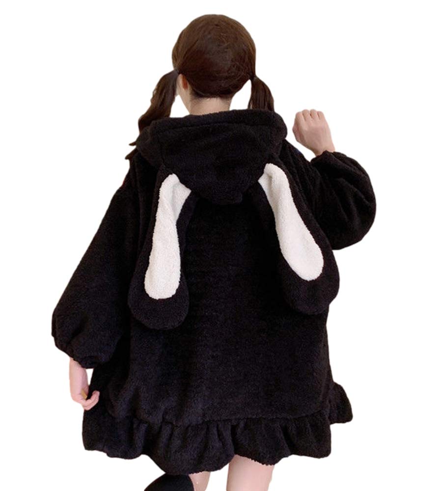 BZB Kawaii Anime Bunny Ear Hoodies For Women Sweet Lovely Fuzzy Fluffy Rabbit Sweater Tops Cosplay Jacket Coats: 3X-Large Black