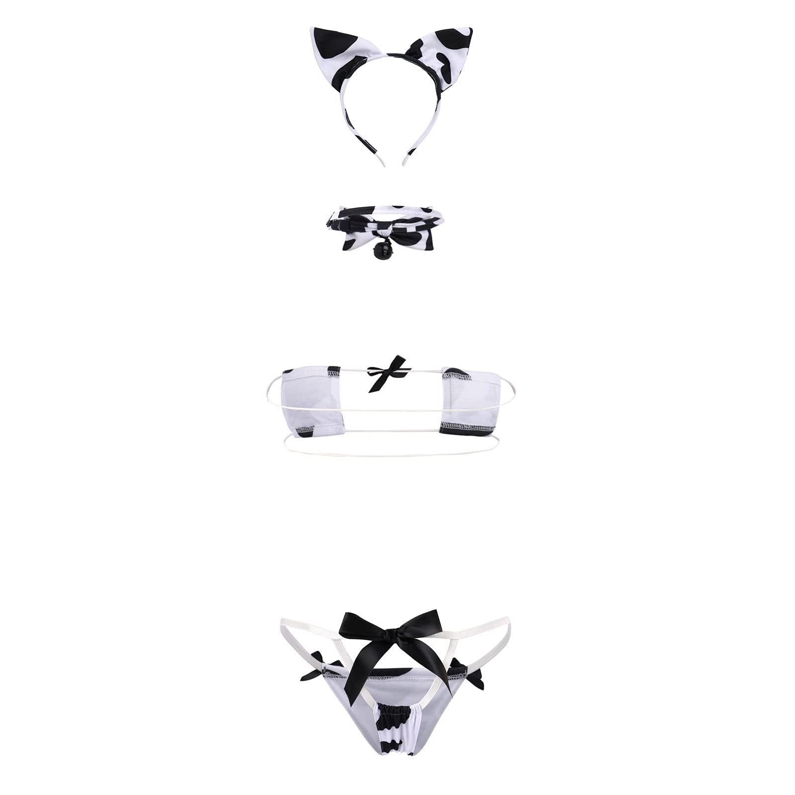 FYMNSI Women Sexy Milk Cow Lingerie Set Anime Maid Cosplay Costume Mini Bikini Bra Bodysuit with Bell Choker Stockings Outfit: White Cow Micro Bikini