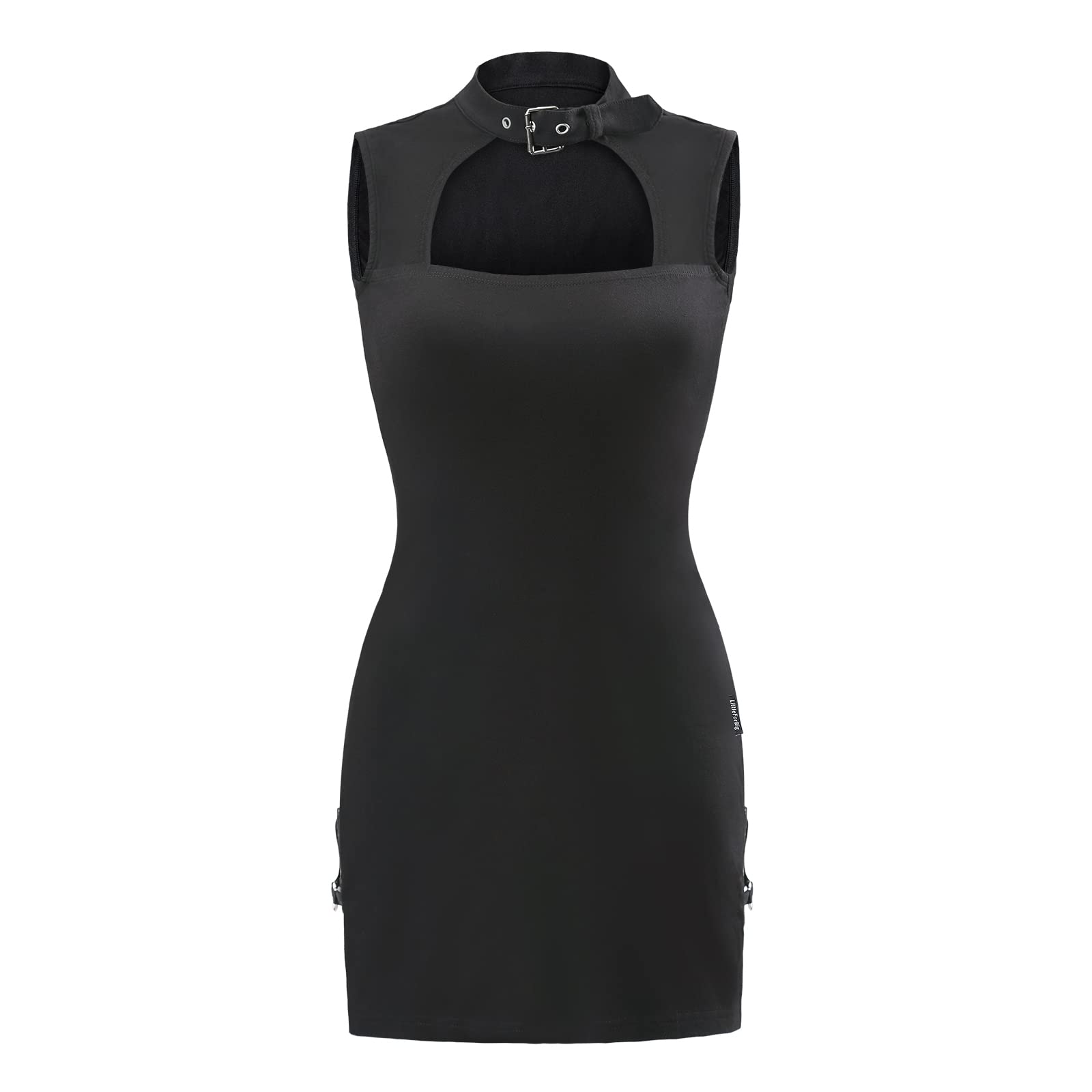 Littleforbig Women Cotton Sleeveless Cyber Goth Bodycon Collared Mini Dress Skirt: Medium Black