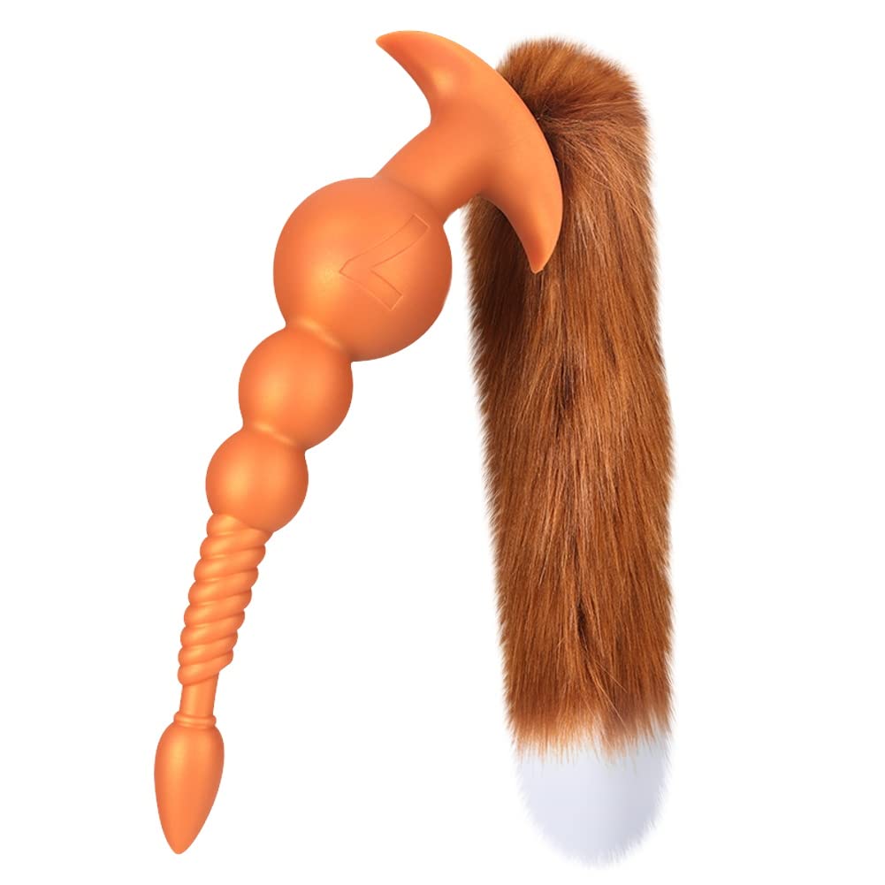 Anal Beads with Removable Foxtail Extra Long Fox Tail Anal Butt Plug Sex Toy Liquid Silicone Anal Plugs Anal Stimulator for Men Women Couples Cosplay Anal Trainer Erotic SM Sex Games (L)