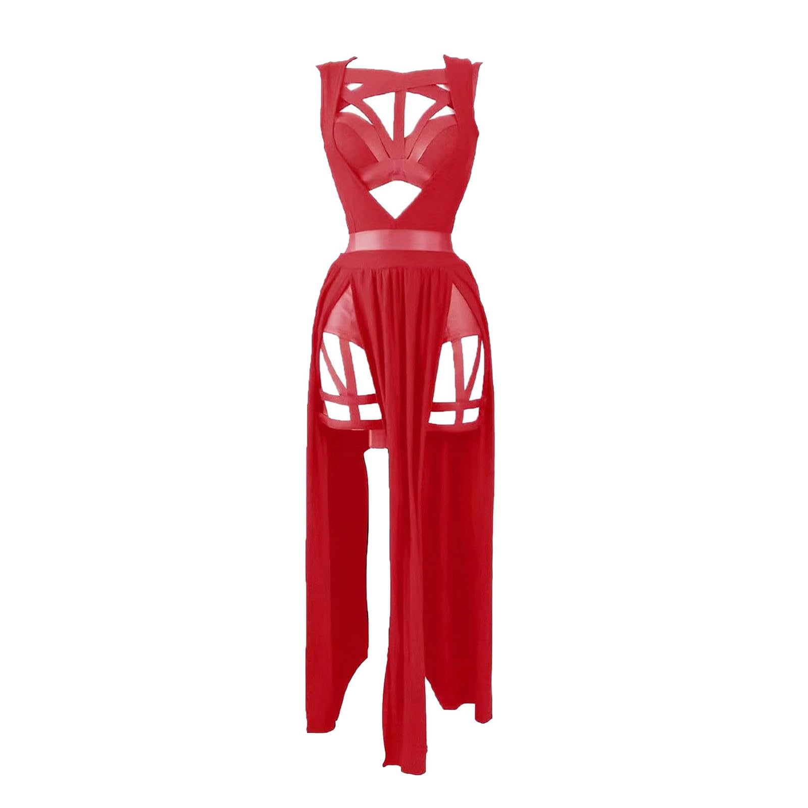 Generic Women Gothic Lingerie Lace Babydoll 3 PC Sheer Mesh Long Dresses Front Criss-Cross Crop Top and Skirt Lingerie
