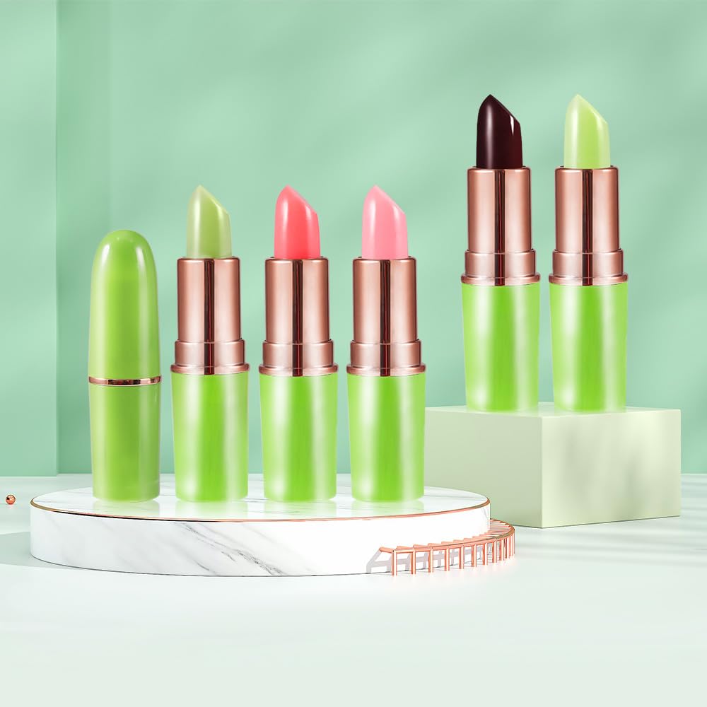 BINGBRUSH Aloe vera Color Changing Lipstick,Moisturizer Long Lasting Lip Care Magic Lip Gloss,Mood Makeup Lipstick Set,24 hours original(3Pcs Aloe+Strawberry+Cherry, 3 Count (Pack of 1)): 1 Count (Pack of 1) 5 Pcs-01#Aloe+02#Strawberry+09#Peach+04#Red Cherry+10#Avocado