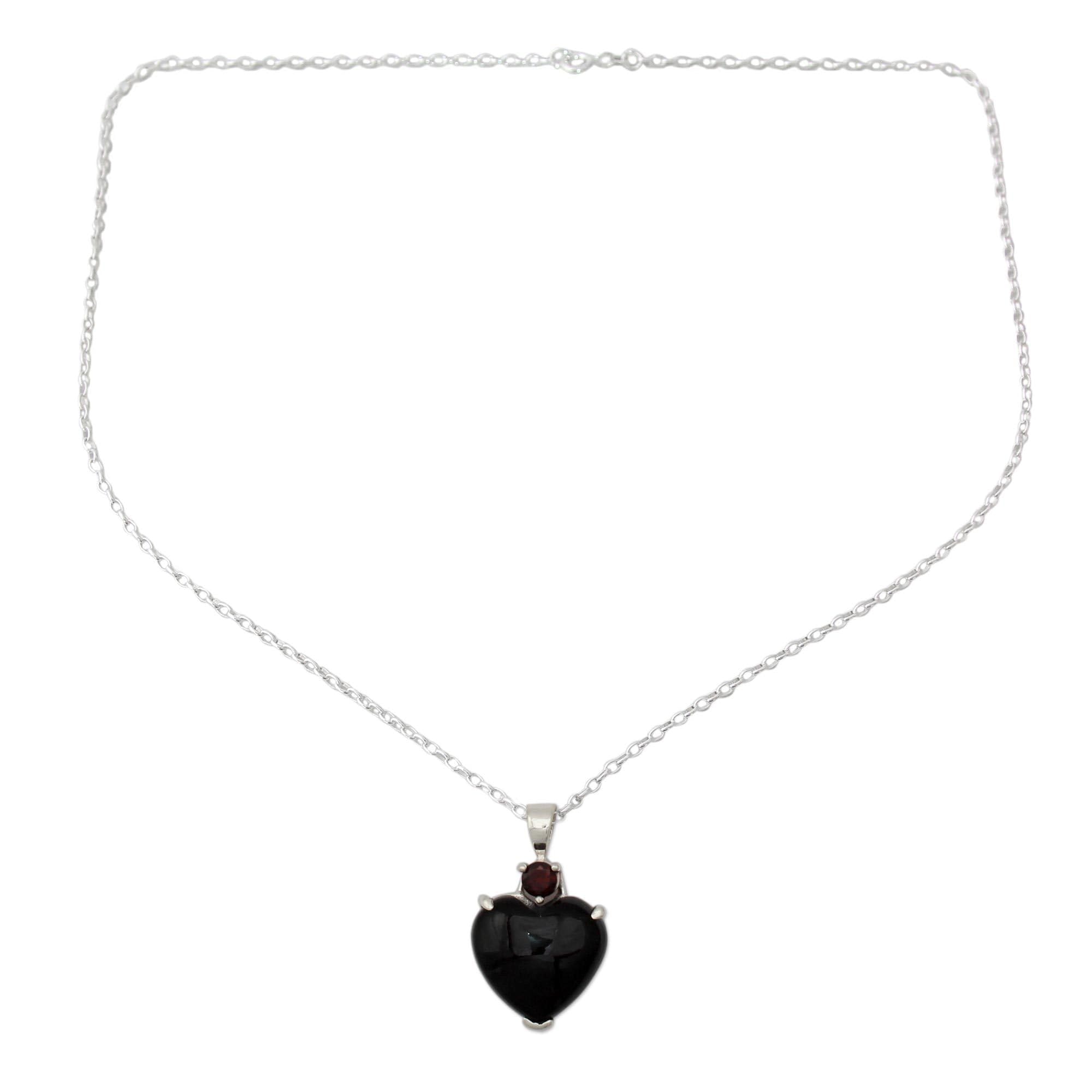 NOVICA Artisan Handmade Onyx Garnet Heart Necklace Sterling Silver Red Pendant India Birthstone [17.75 in L 1 mm W Pendant(s) 1.3 in L x 0.8 in W x 0.2 in D] ' Goth Love' - Image 1