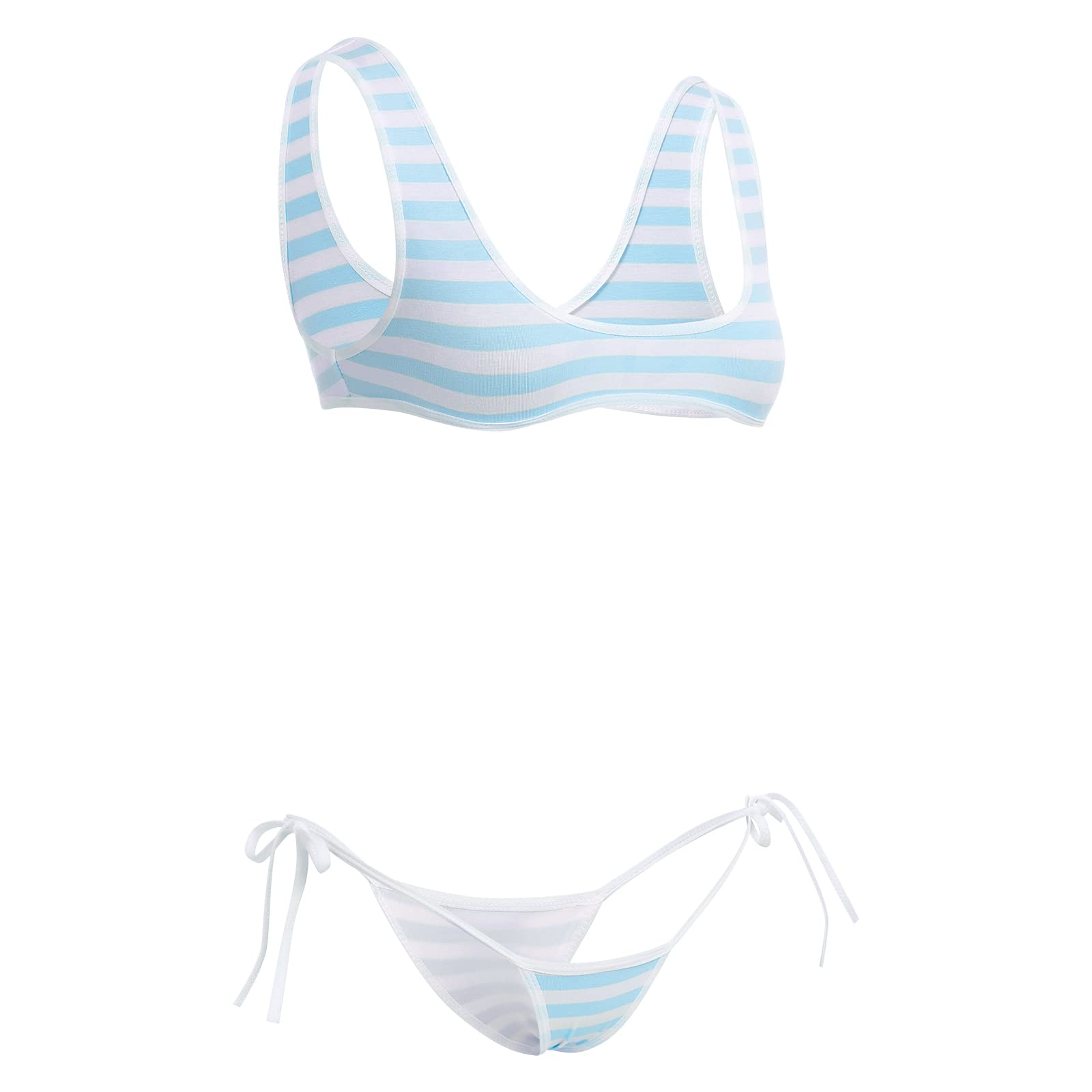 ABAFIP Women Cute Kawaii Striped Bikini Lingerie Set Micro Tiny Bra G-String Panty/Garter Belt 2Pcs / 3Pcs Underwear: One Size Light Blue - 2pcs