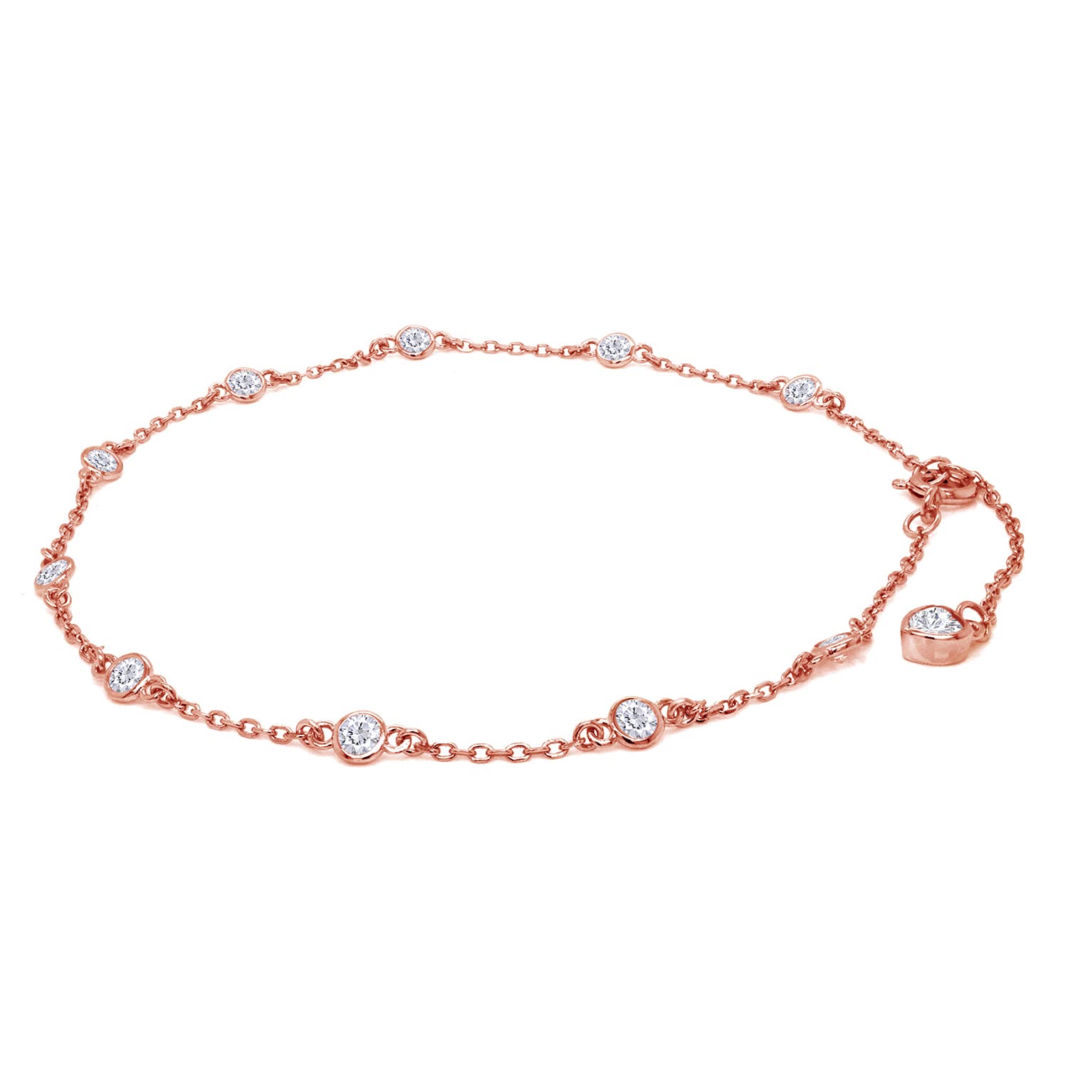 3MM Round Lab Created Moissanite Bezel Set Single Piece Station Anklet Bracelet For Women In 14K Gold Plated Sterling Silver Jewelry (1 Cttw), Gift For Her: Rose Gold Over : 10 Inch