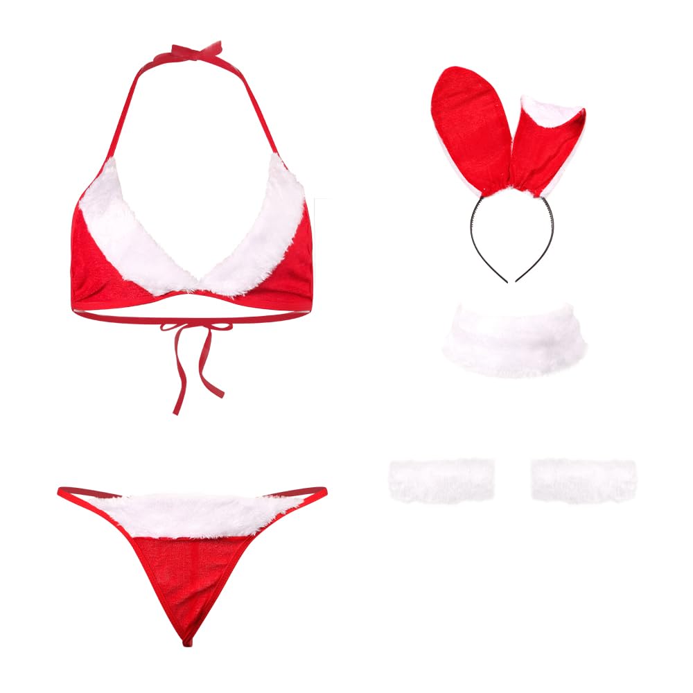 Mini Kitty Women Christmas Lingerie Sexy Santa Velvet Babydoll Red Bra and Panty Set Self-Tie Bikini Cosplay Outfit: Style1-red