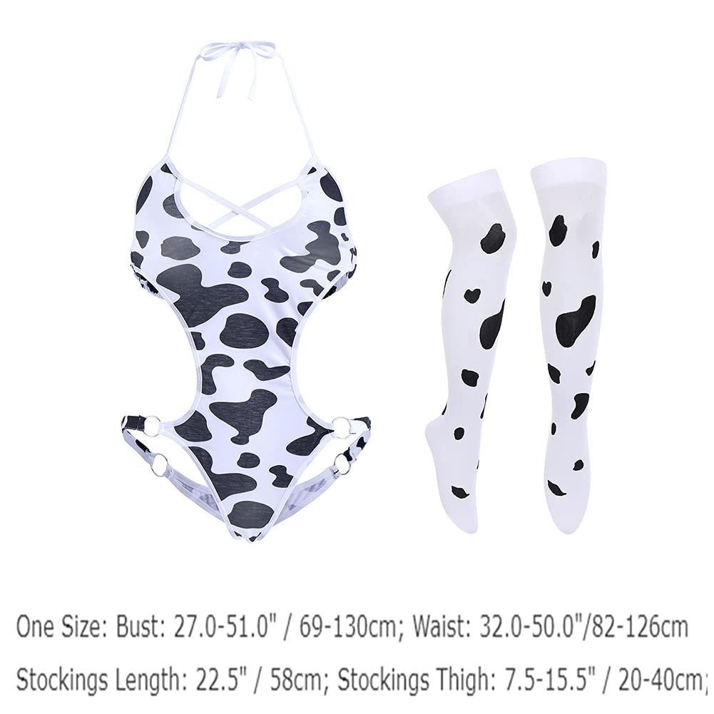 FYMNSI Women Sexy Milk Cow Lingerie Set Anime Maid Cosplay Costume Mini Bikini Bra Bodysuit with Bell Choker Stockings Outfit thumbnail 7