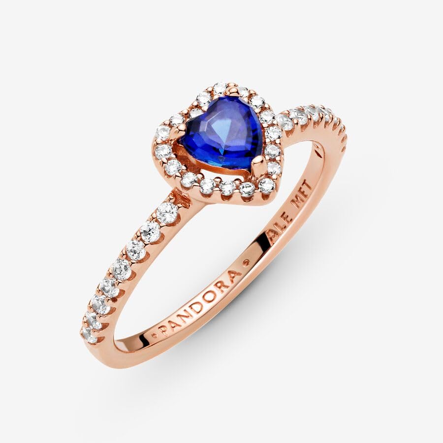 Pandora Sparkling Elevated Heart Ring - Rose Gold Ring for Women - Layering or Stackable Ring - Gift for Her 14k Rose with Cubic Zirconia - With Gift Box: Blue 4.5