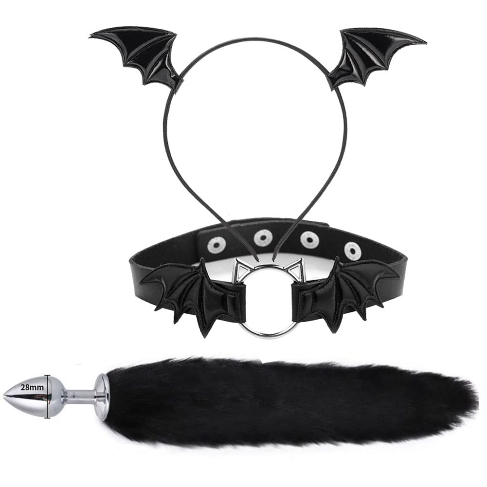 TJCGCKK Animal Cosplay Costume Furry Fox Tail Plug Cute Ears Headband Bat Style Neck Collar Set: Black a