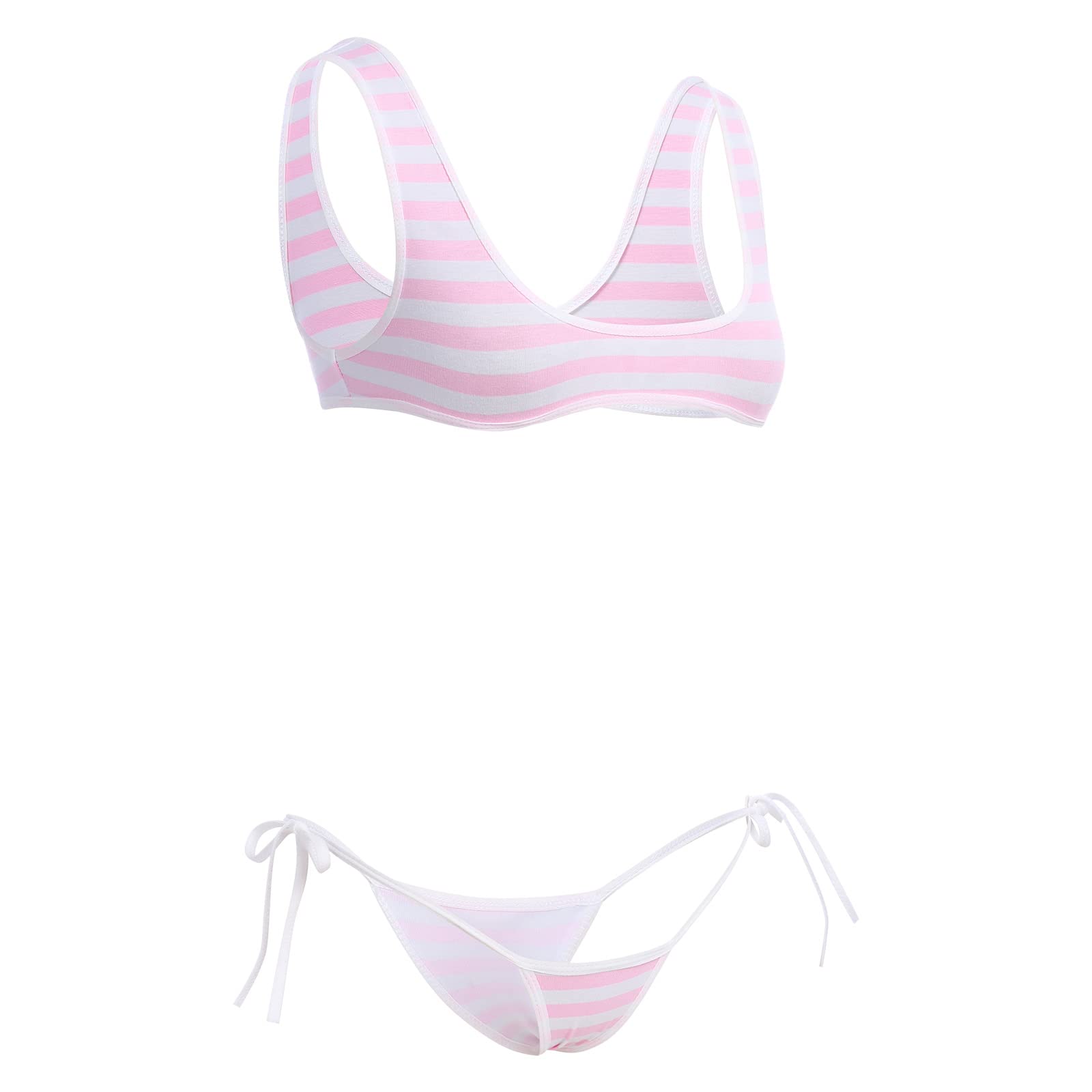 ABAFIP Women Cute Kawaii Striped Bikini Lingerie Set Micro Tiny Bra G-String Panty/Garter Belt 2Pcs / 3Pcs Underwear: Light Pink - 2pcs