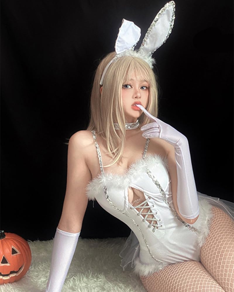 Mobbunny Christmas Bride Bunny Cosplay Bodysuit with Gloves Headband and Choker Bunny Costume: Small