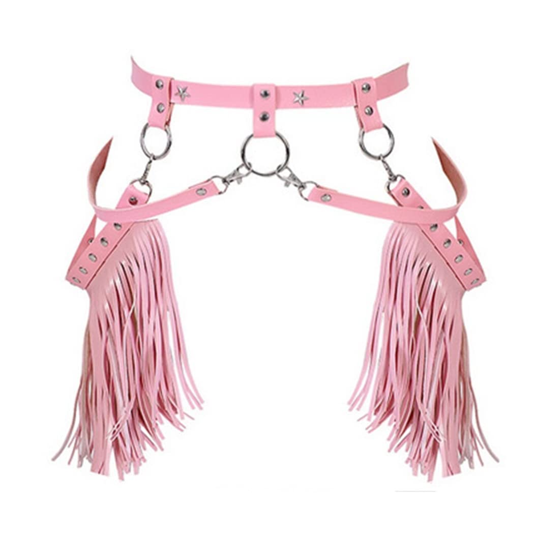 Asooll Punk Leather Waist Chain Tassel Fringe Belly Belt Harness Bikini Rave Body Accessories Jewerly for Women and Girls: Pink