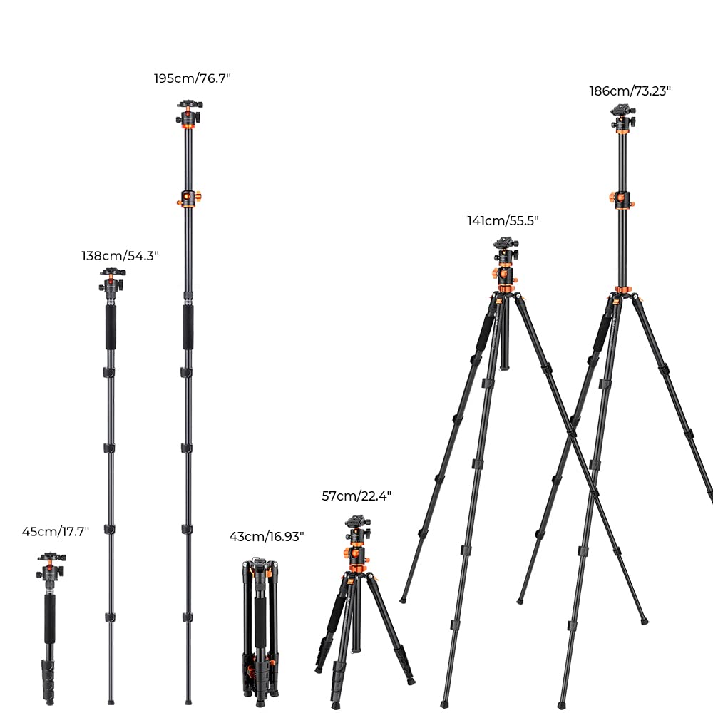 K&F Concept 90 inch/230cm Ultra High Camera Tripod,Horizontal Overhead Shooting Travel Tripods with Metal Ball Head 10KG Load Capacity,Detachable Monopod, for Indoor and Outdoor Use: T255A3+BH-28L