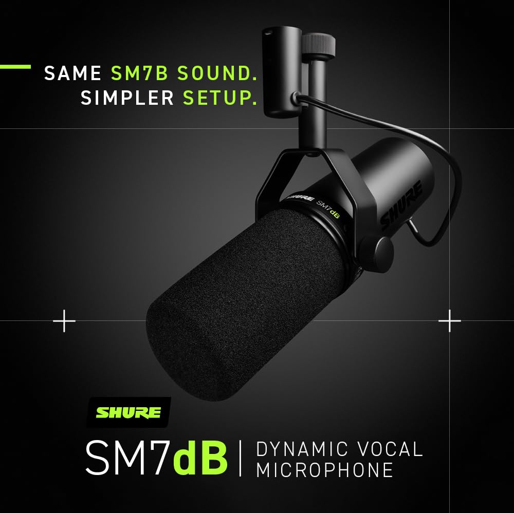 Shure  Microphone - Vocal Dynamic Studio Mic for Broadcast, Podcast, Recording, Gaming & Streaming, XLR, Rugged Construction, Detachable Windscreen, Smooth Sound, Warm Vocals, Wide-Range Frequency: SM7dB (Built-In Preamp)