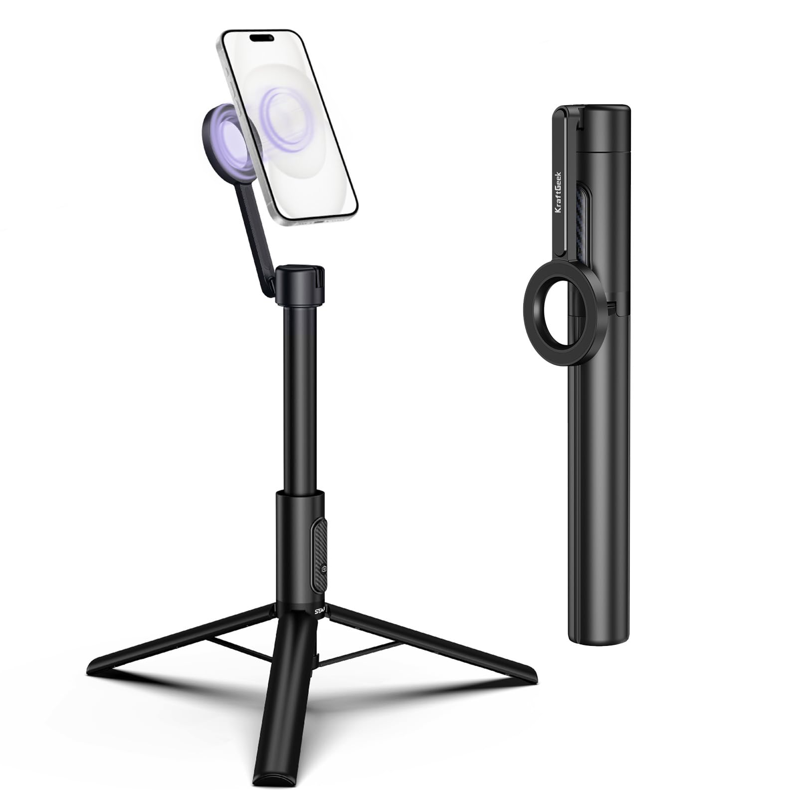 KraftGeek Magnetic Tripod for iPhone, 64” Selfie Stick for iPhone Magsafe, Phone Tripod Stand with Remote for Cell Phone Video Recording Travel: 64 Inches-Black