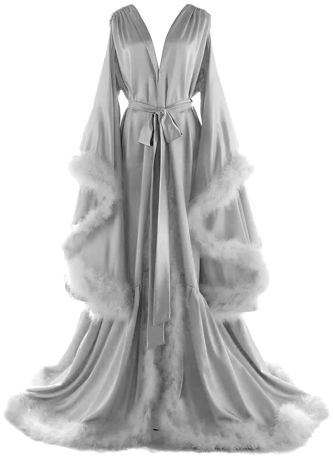 Daily Life Mall Women's Feather Bridal Robes Old Hollywood Maternity Photoshoot Nightgown Silk Bathrobe Long Lingerie - Image 1