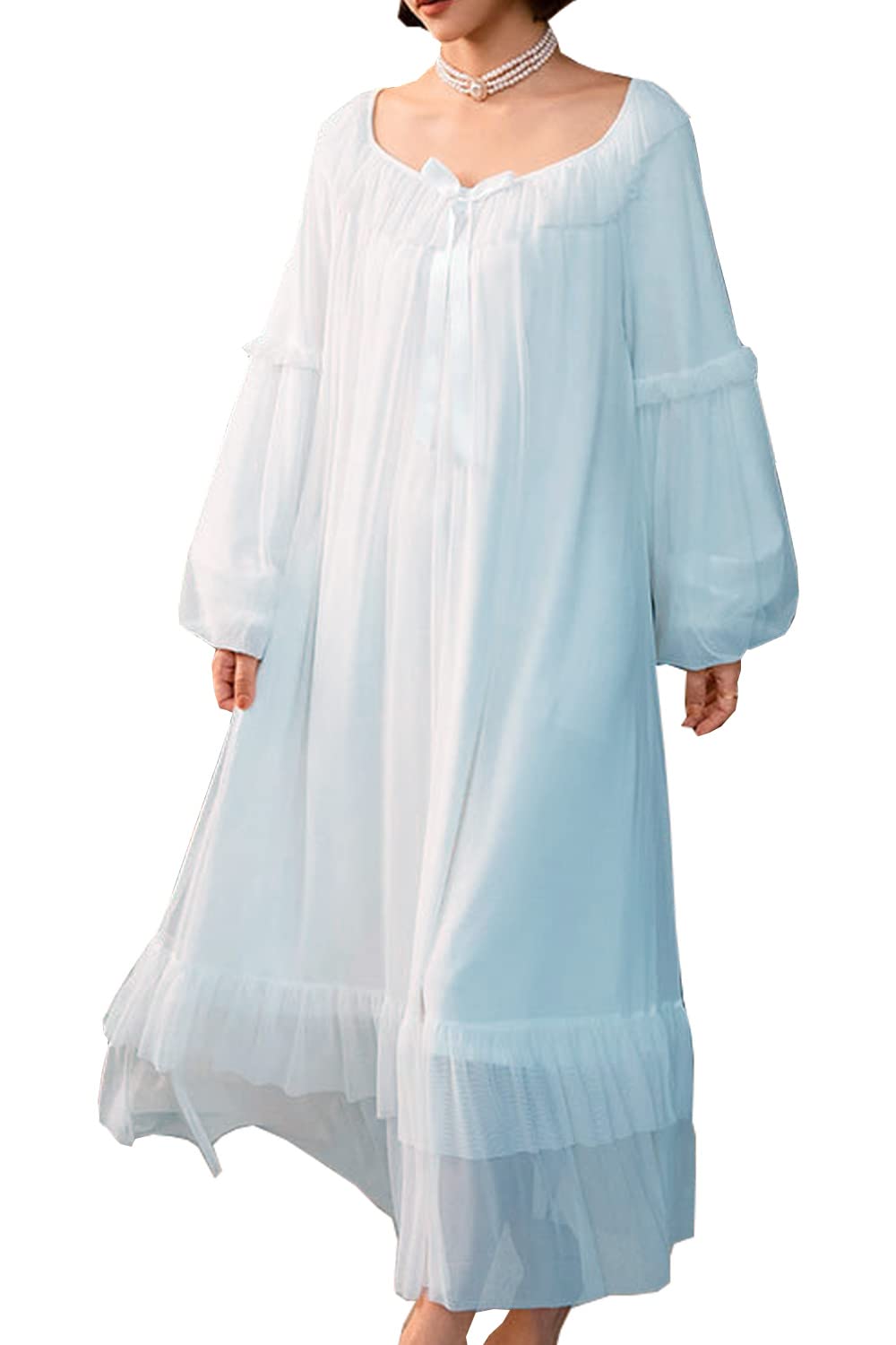 SINGINGQWEEN Women's Vintage Victorian Nightgown Long Sleeve Sheer Sleepwear Pajamas Nightwear Lounge Dress