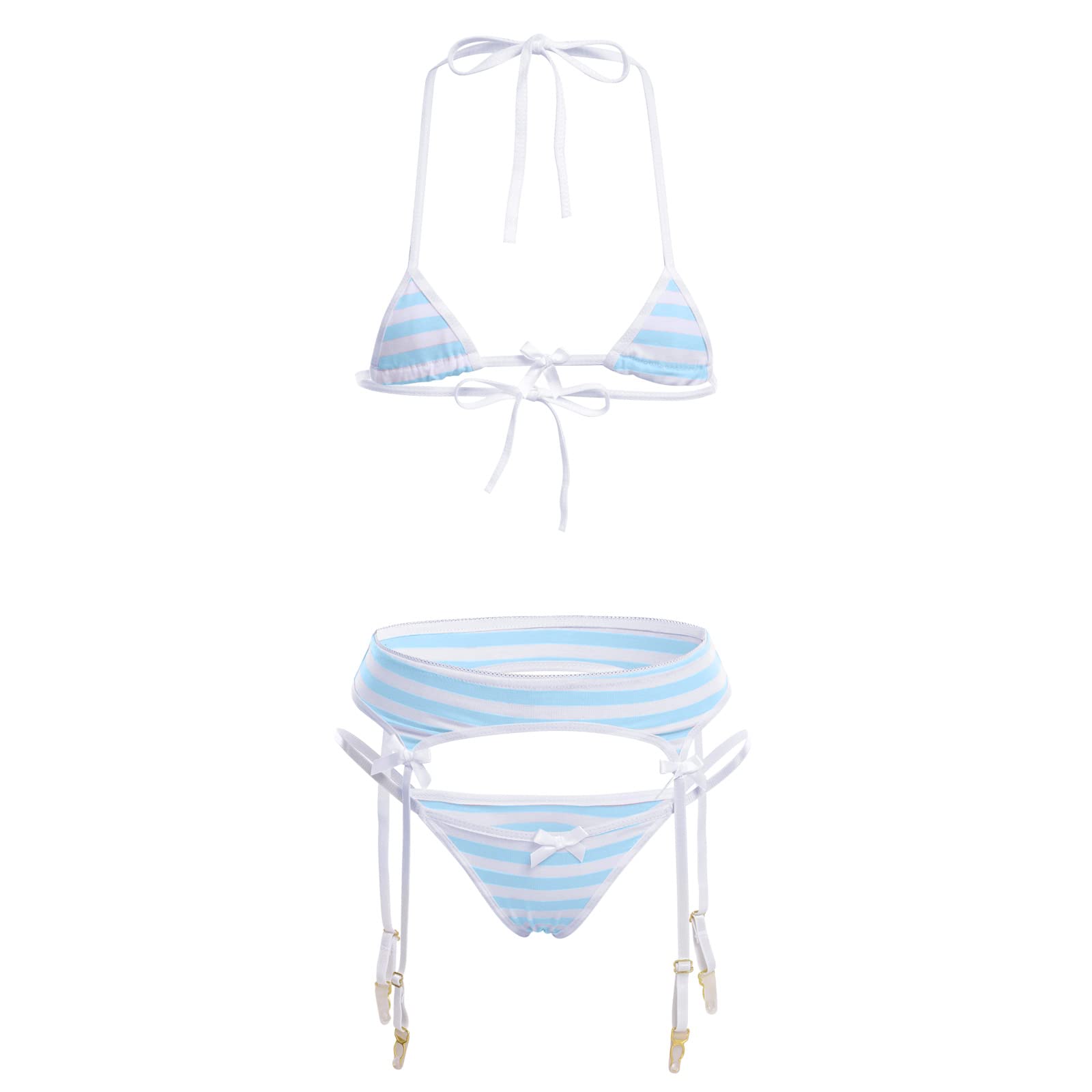 ABAFIP Women Cute Kawaii Striped Bikini Lingerie Set Micro Tiny Bra G-String Panty/Garter Belt 2Pcs / 3Pcs Underwear: One Size Blue - 3pcs