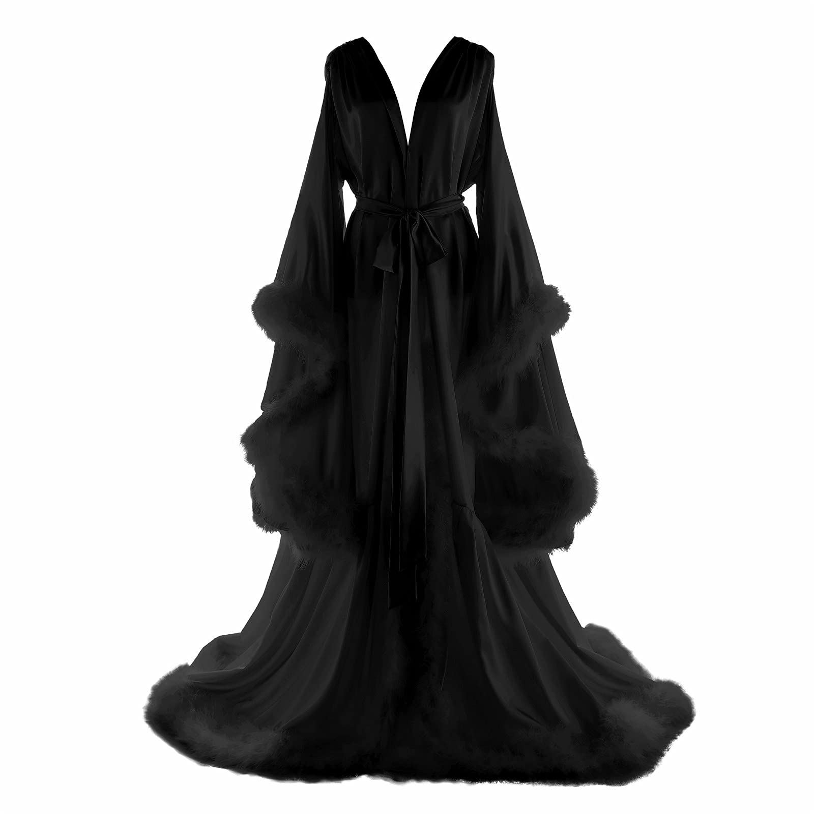 Daily Life Mall Women's Feather Bridal Robes Old Hollywood Maternity Photoshoot Nightgown Silk Bathrobe Long Lingerie: Large H-black