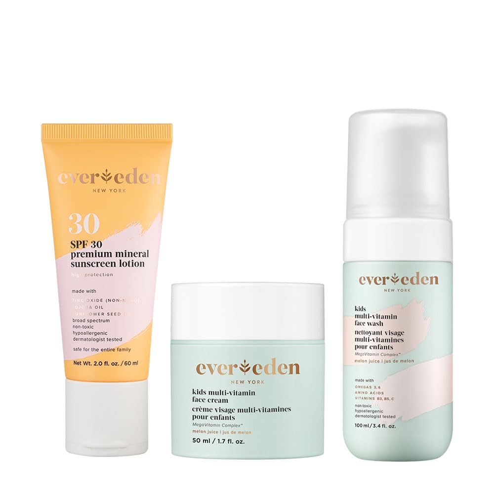 Evereden Daily 1-2-3 Routine Bundle: Clean & Vegan Skin Care Set for Kids - Hydrating & Nourishing Tween Skincare Set with Multi-Vitamin Face Wash, Face Cream, Lotion, & SPF 30 Mineral Sunscreen: Melon