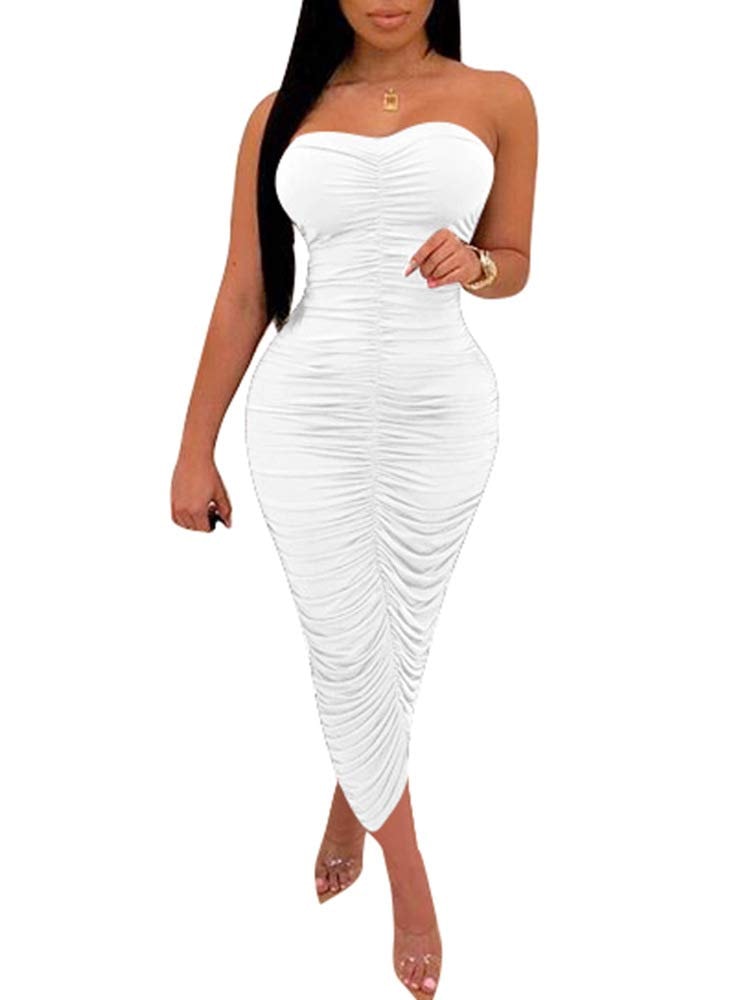 BEAGIMEG Women's Sexy Ruched Strapless Bodycon Tube Maxi Long Club Dress