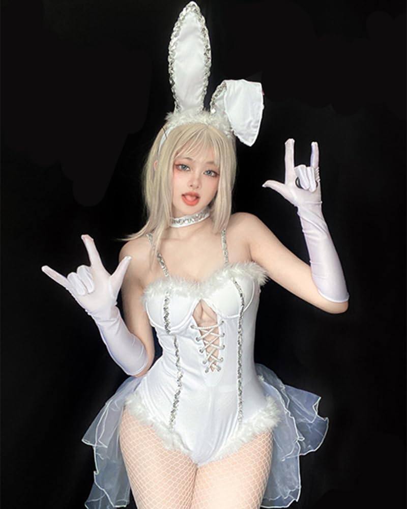 Mobbunny Christmas Bride Bunny Cosplay Bodysuit with Gloves Headband and Choker Bunny Costume: Small