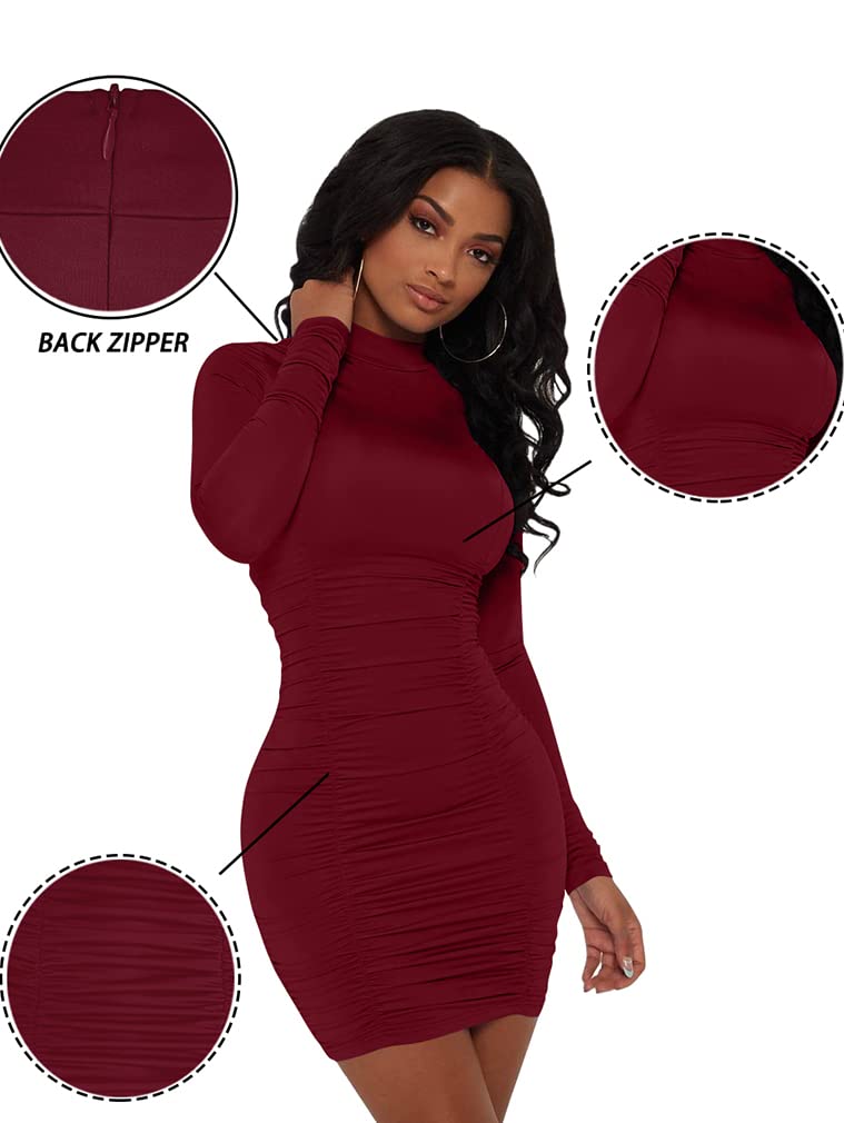 GOKATOSAU Women's Sexy Stand Neck Bodycon Long Sleeve Ruched Club Party Mini Dress: X-Large Winered