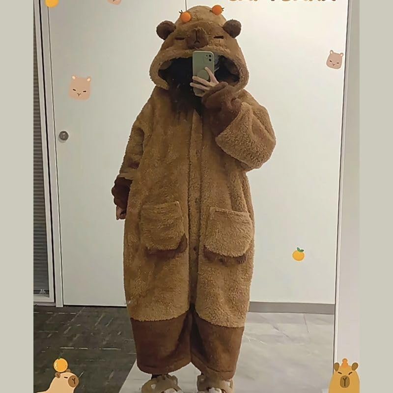 Capybara Hooded Pajamas Set Pajamas Set Winter Sleepwear Pockets indoor outdoor Y2k Aesthetic Cute: Robe+pants Small