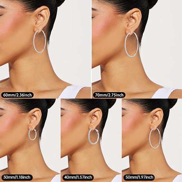 PABBEU 2mm 925 Sterling Silver Earrings Big Sterling Silver Hoop Earrings for Women Large Rhinestone Hoop Earrings Thin Hypoallergenic Cubic Zirconia Earrings for Women 30/40/50/60/70mm: 50mm Silver