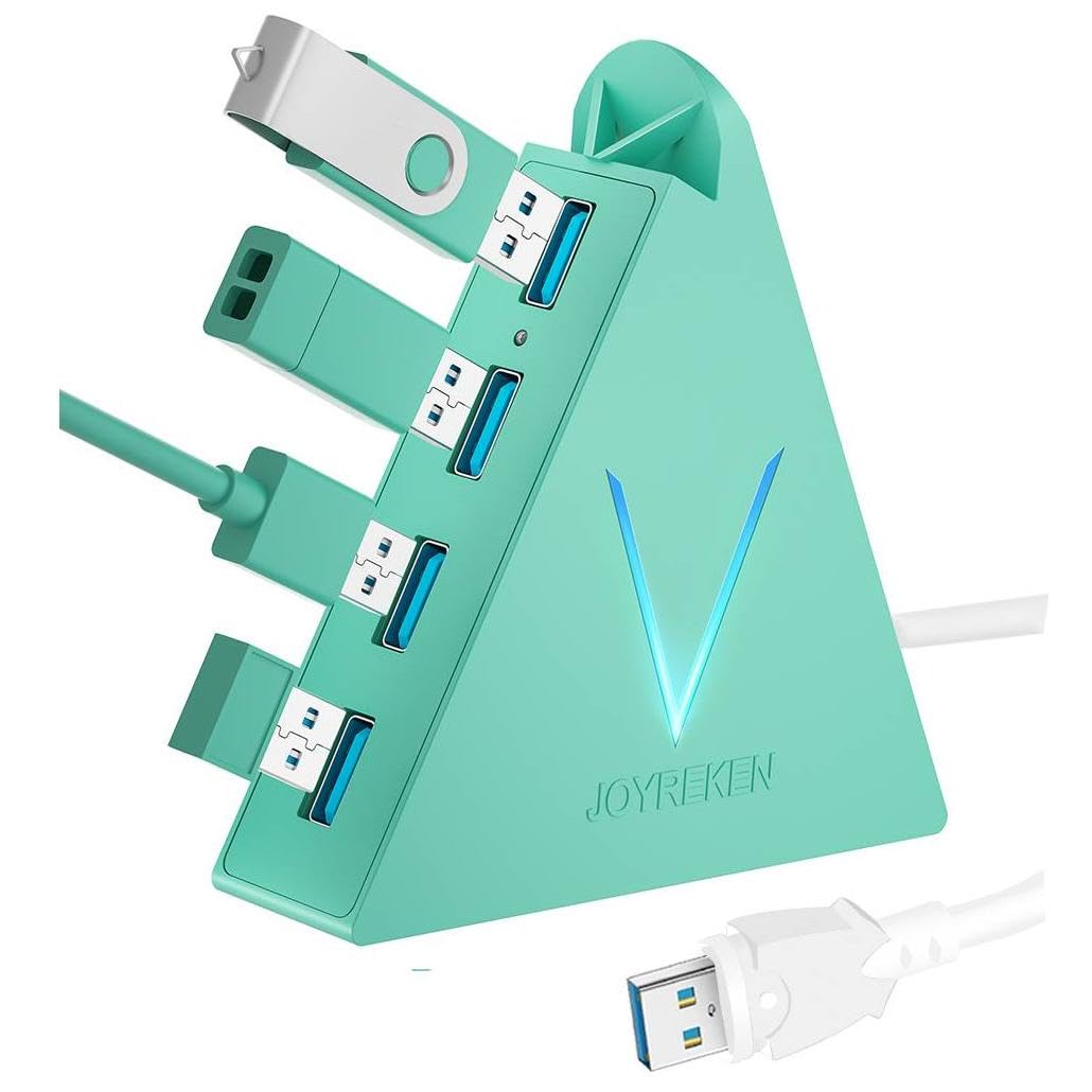 JoyReken USB 3.0 Hub,4 Port USB Hub Tower,2ft Cable USB Splitter for PC, Xbox One, PS4, PS5, iMac, Surface Pro, XPS, Laptop, Desktop, Flash Drive, Mobile HDD (Green)
