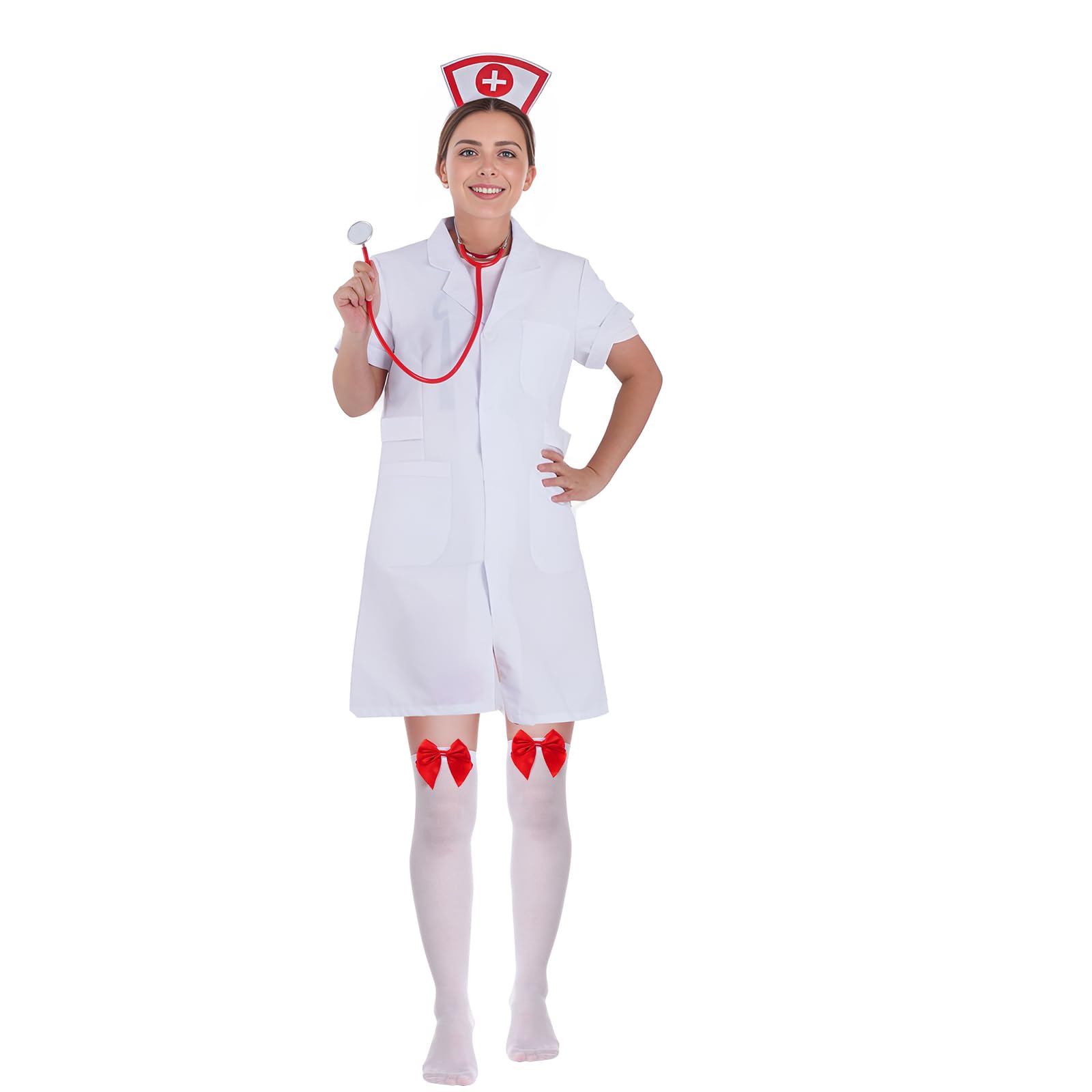 mifengda Nurse Costume Halloween Women Costume Accessories Red Nurse Hat Headband Cosplay Outfit Set Includes Headband Glasses Stethoscope High Sock for Halloween Cosplay Party: mifengda Nurse Costume Halloween Women Costume Accessories Red Nurse Hat Headband Cosplay Outfit Set Includes Headband Glasses Stethoscope High Sock for Halloween Cosplay Party