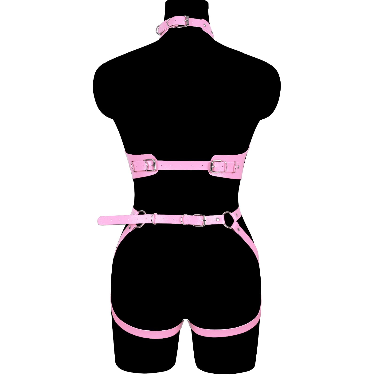 Waist Garter belt Punk Full body harness for women Photography Dance Rock Halloween Leather cage Chest strap set: Pink