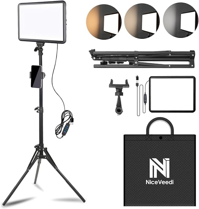 2-Pack Photography Lighting Kit, NiceVeedi 22W LED Video Light Kit, 2900-7000K Dimmable Studio Light with Tripod Stand, 73" Stream Light for Video Recording: 15W-1 Packs(USB-C Adapters)