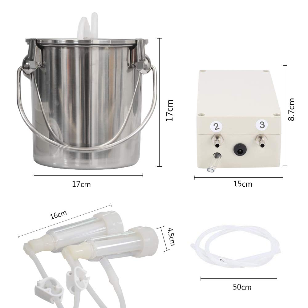 MAPOTAD 3L Goat Pulsation Vacuum Electric Milking Machine, Automatic Portable Pulse Breast Pump with 2 Teat Cups Stainless Steel Bucket for Goat.