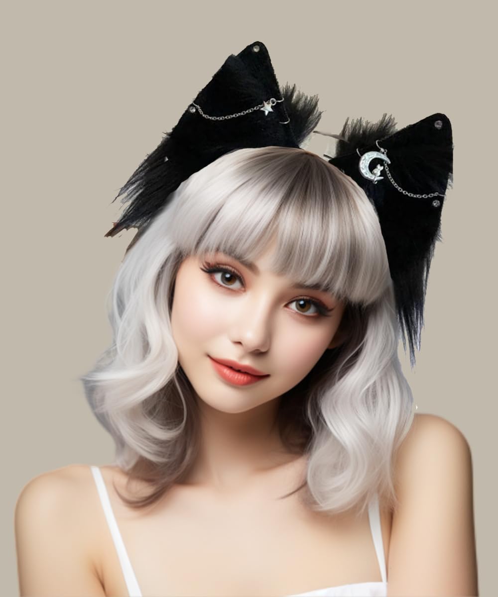 VIGVAN Cat Cosplay Ears Accessories Punk Gothic Cross Cat Ears Headbands Clips: Black Star