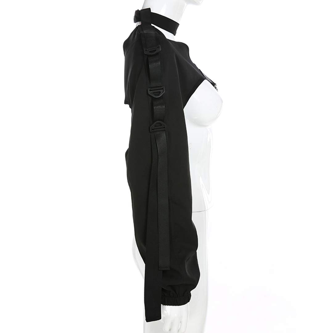 FlyCC Women Sexy One Shoulder Adjustable Buckle Crop Tops - Reflective Festival Rave Form Fitting Shrugs: Black